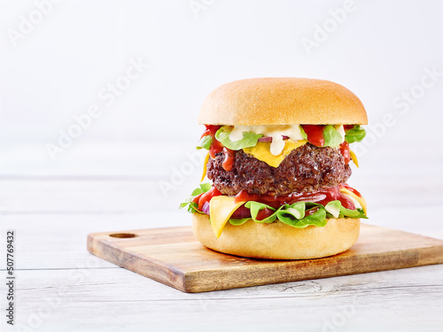 hamburger on a wooden table