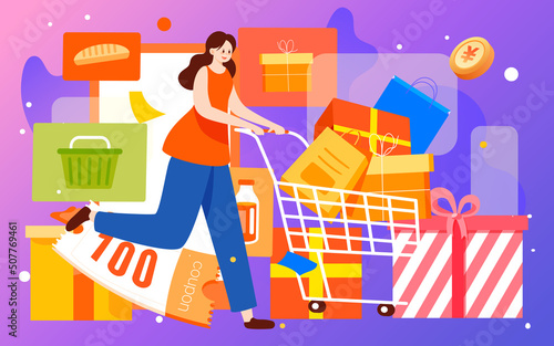 Girl is shopping with a shopping cart with gift boxes and shopping bags in the background, vector illustration