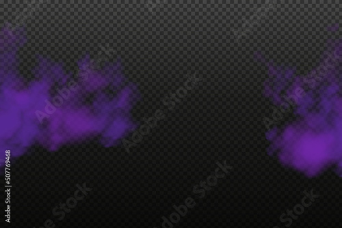 Realistic scary mystical fog in night Halloween. Purple poisonous gas, dust and smoke effect.