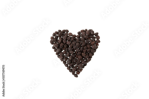 Black chickpeas in heart shape on white background. Black chickpeas, with their high fiber content, are very healthy to consume
