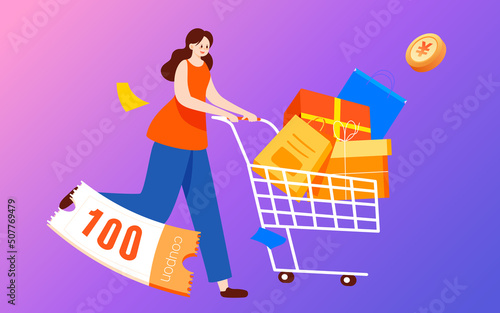 Girl is shopping with a shopping cart with gift boxes and shopping bags in the background, vector illustration