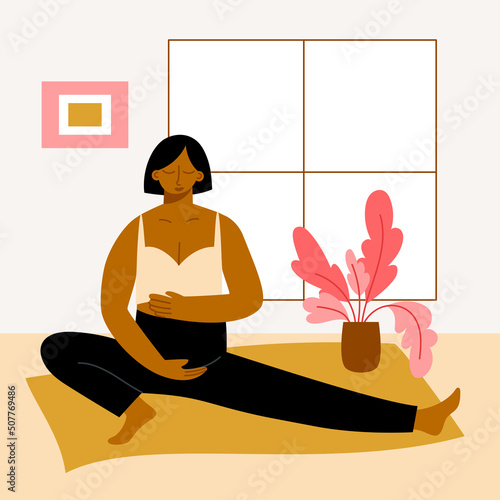 Pregnant yoga studio. Future mother stretching exercises and meditation. Woman expecting a baby practicing pilates. Vector flat illustration