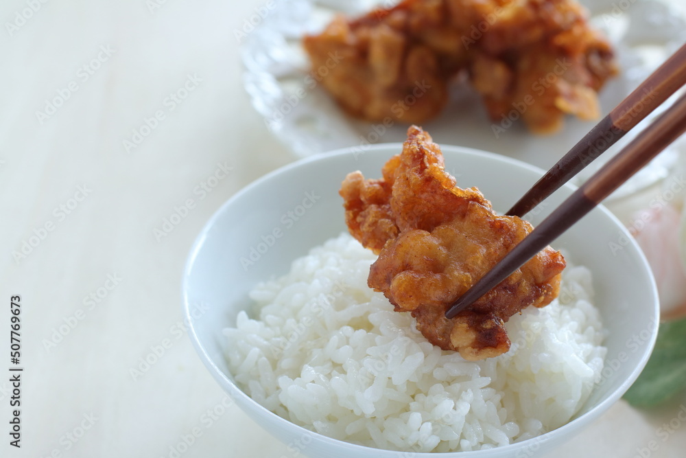 Homemade fried chicken and rice for asian comfort food image Homemade fried chicken and rice for asian comfort food image