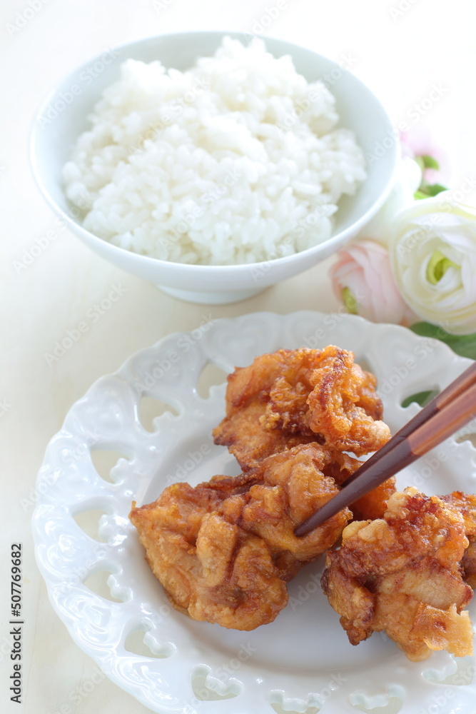 Homemade fried chicken and rice for asian comfort food image Homemade fried chicken and rice for asian comfort food image