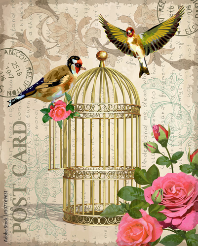 Vintage Postcard with roses,bird and bird cage.