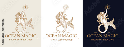 Mermaid logo. Brand template vector illustration. Siren and marine girl with a tail. Vintage Hand drawn vector illustration for logo and poster