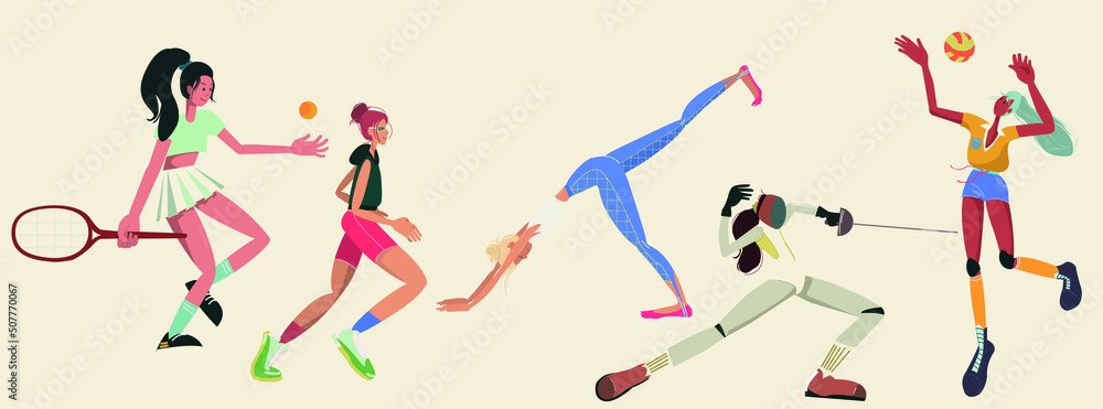 Vector illustration for lockdown, activity, body training, indoor workout concept. Young girl cartoon characters doing training sports workout. volleyball, fencing, tennis, yoga, stretching.