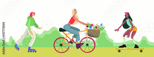 People cycling, exercising and relaxing at park . The girl rides a bike, skateboard and rollerblades. Rest in the park, a basket of flowers. People are dressed in casual clothes, sportswear.