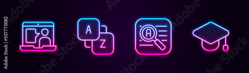 Set line Foreign language online study, Vocabulary, Translator and Graduation cap. Glowing neon icon. Vector
