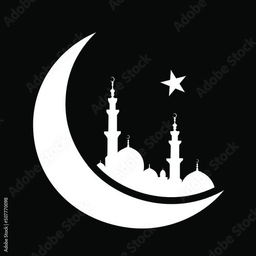 islamic icon religious symbol moon and start and mosque celebration pattern black snd white design logo for web site or luxury greeting card vector illustration
