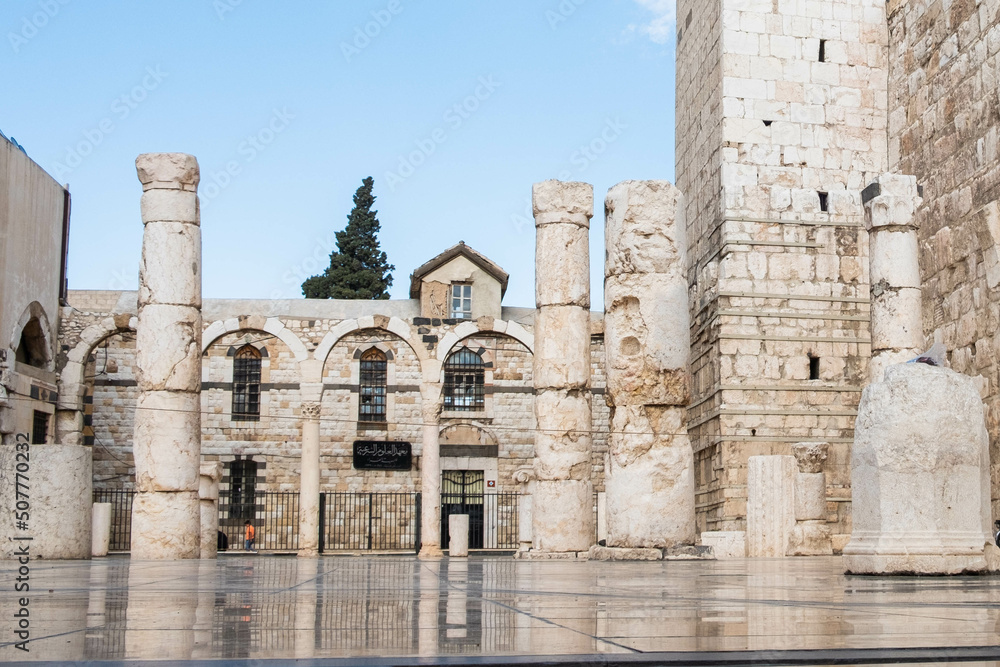 Damascus, Syria - May, 2022: Exterior of the Umayyad Mosque and Mausoleum of Saladin in Damascus Damascus, Syria - May, 2022: Exterior of the Umayyad Mosque and Mausoleum of Saladin in Damascus