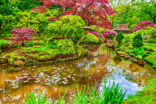 Romantic Holland. Japanese Garden with Asian Zen Sculptures on Background in Park Clingendael in the Hague (Den Haag) in the Netherlands photo