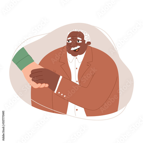Happy African American Senior man and hand of her care giver. Help and Care Old People Concept. Nurse or volunteer worker taking care of an elderly man.Vector illustration isolated on white background
