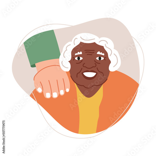 Happy African American Senior woman and hand of her care giver. Help and Care Old People Concept. Nurse or volunteer worker taking care of an elderly woman. Vector illustration isolated on white