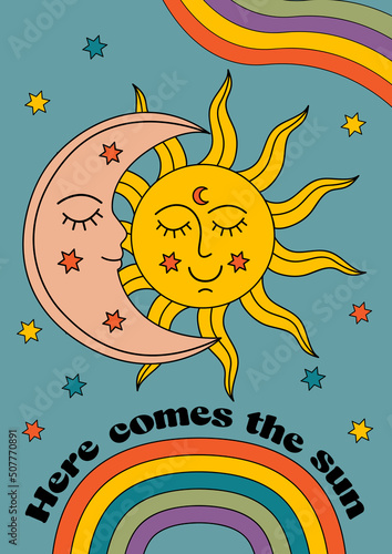 retro poster with moon, sun, rainbow