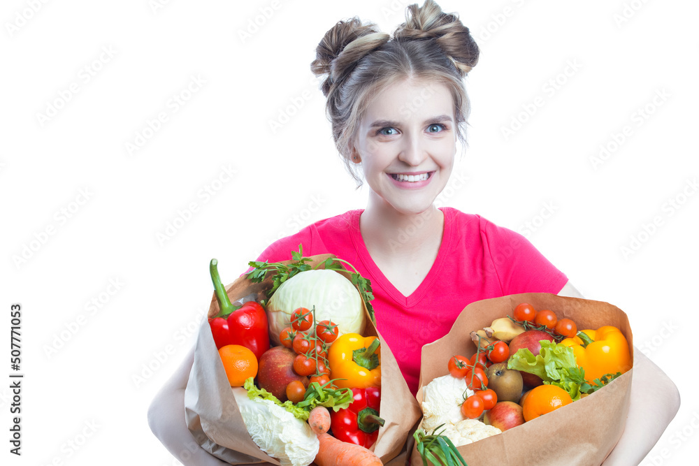 Healthy Lifestyle Concepts. Winsome Caucasian Blond Girl Holding Two Disposable Eco Paper Bags Filled With Vegetables and Groceries In Casual Clothing Healthy Lifestyle Concepts. Winsome Caucasian Blond Girl Holding Two Disposable Eco Paper Bags Filled With Vegetables and Groceries In Casual Clothing