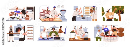 Food manufacture, production industry processes. Workers making handmade pasta, wine, bakery products, cooking sausages, cheese with machines. Flat vector illustrations isolated on white background