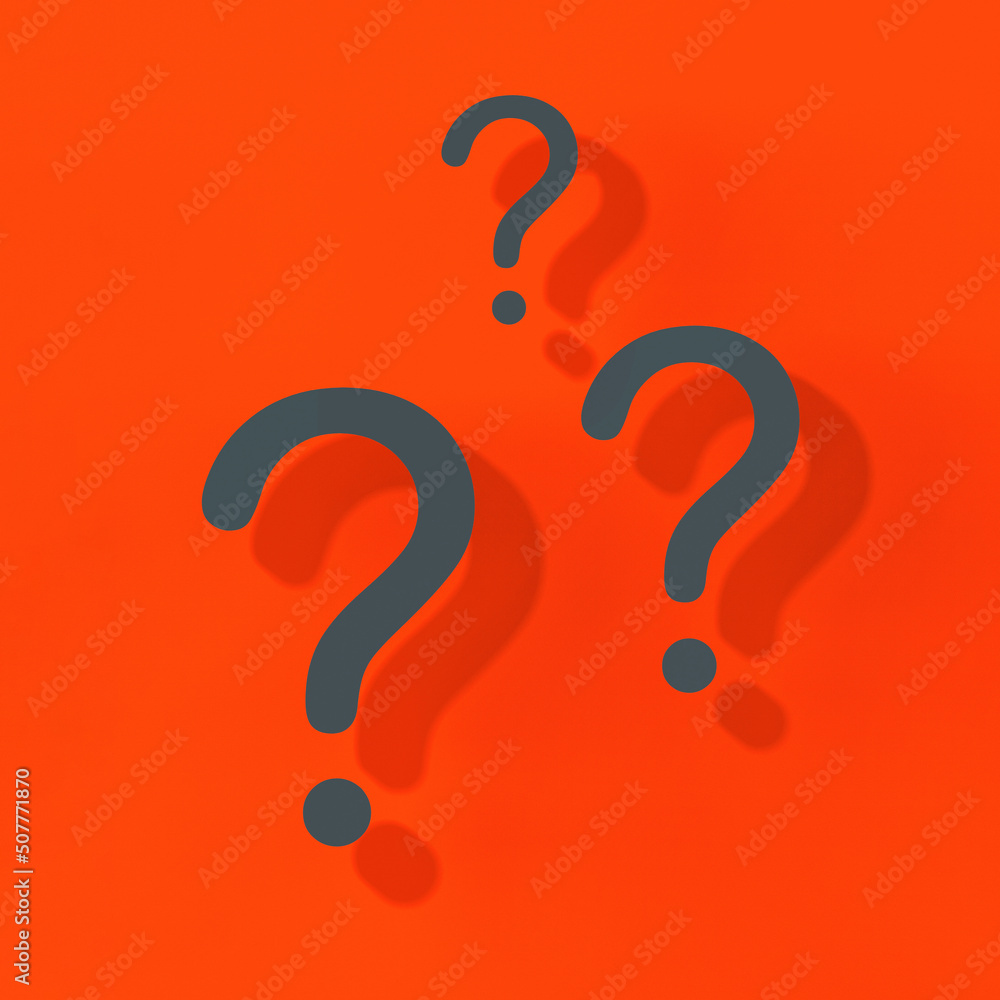 Naklejka premium Question marks with shadow on red background.Technical support. Answers to questions. Square image. 3D image. 3D rendering.