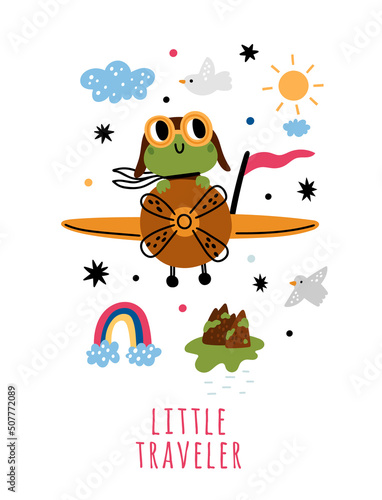 Animals pilots card. Frog character flying on plane. Airplane with cute aviator. Cartoon amphibian. Froglets adventure. Little traveler. Toad drive aircraft with propeller. Vector postcard
