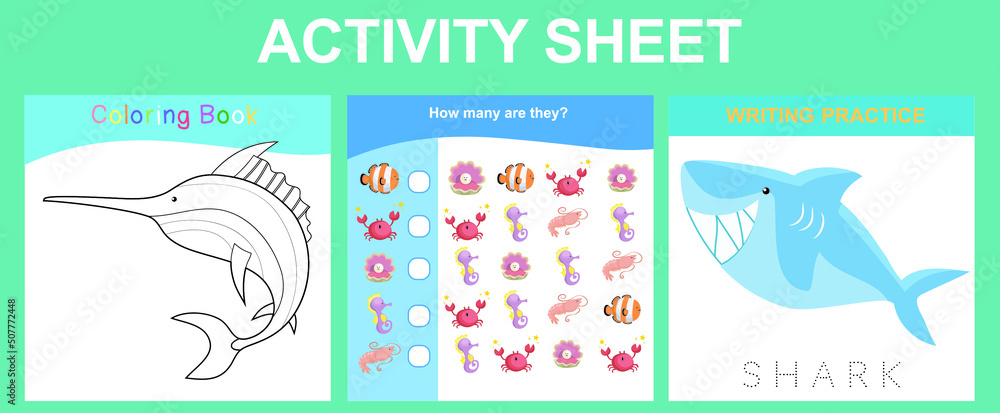 Activity sheet for children. Educational printable worksheet. Sea animal worksheet theme. Motor skills education. Vector illustrations. Activity sheet for children. Educational printable worksheet. Sea animal worksheet theme. Motor skills education. Vector illustrations.
