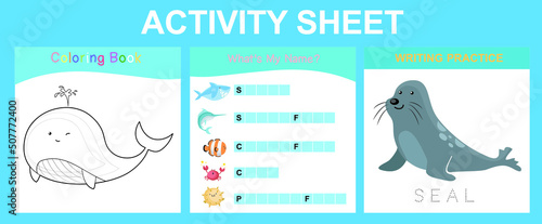 Activity sheet for children. Educational printable worksheet. Sea animal worksheet theme. Motor skills education. Vector illustrations.