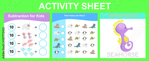 Activity sheet for children. Educational printable worksheet. Sea animal worksheet theme. Motor skills education. Vector illustrations.