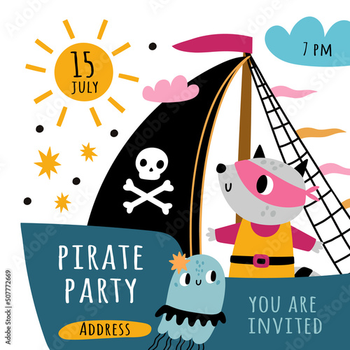 Cute pirate card. Kids sailors with marine elements. Filibuster ships and animal mariners. Corsairs sailboat. Cartoon wolf and jellyfish characters. Vector party invitation postcard