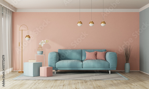 Modern living room interior with sofa on empty pastel color wall