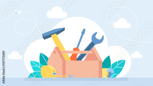Workman's toolkit. Toolbox with instruments inside. Tool chest with hand tools. Workbox in flat style. Set building tools repair. Hammer, screwdriver, tape measure. Vector business illustration photo