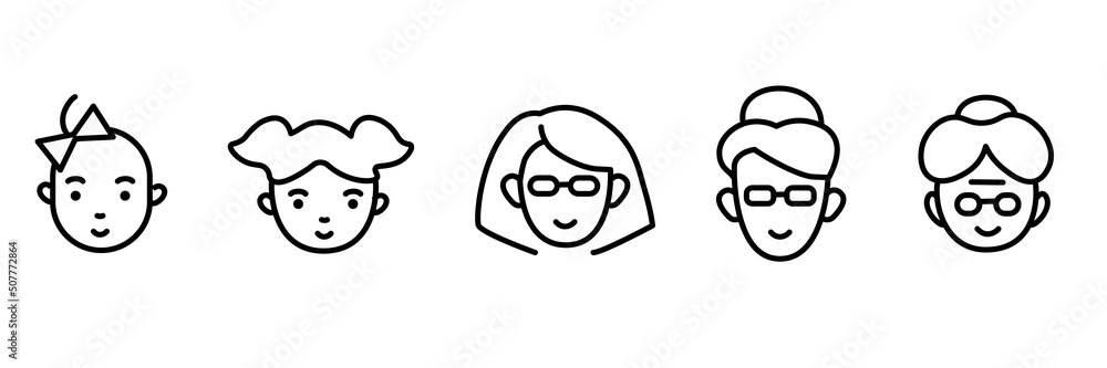 Line icons of female of different ages, from baby to senior. Cute and simple icon set.
