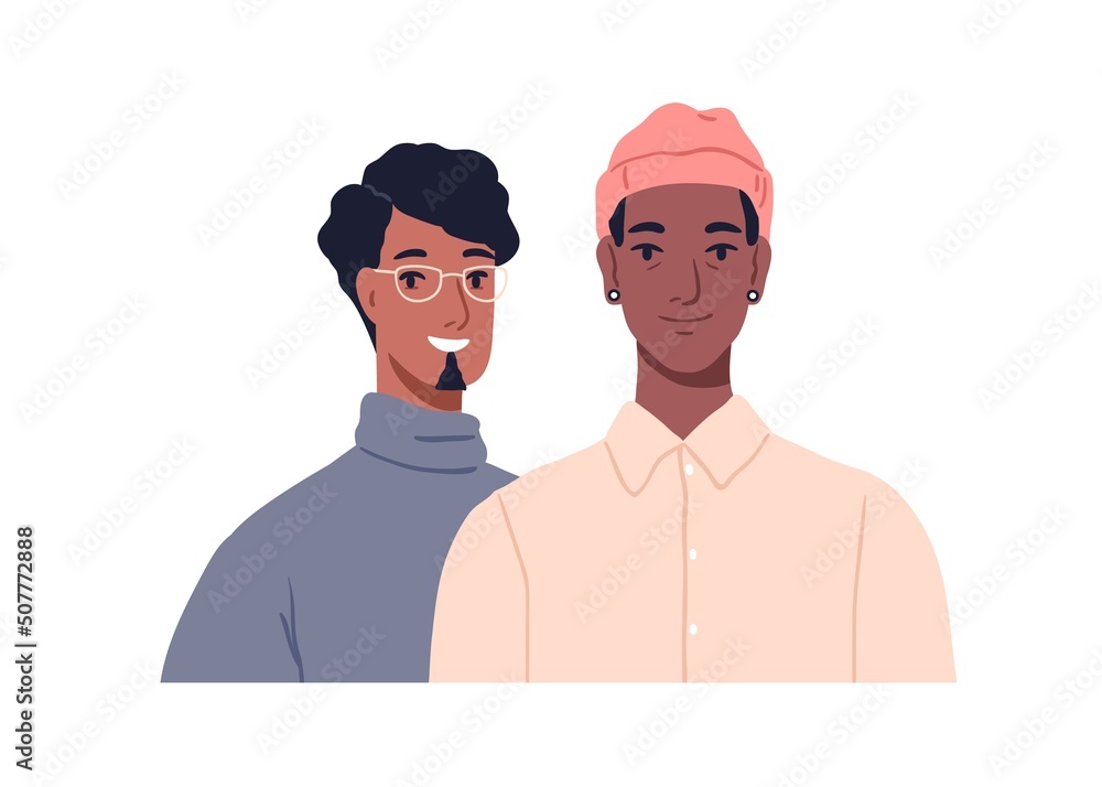 Young modern love couple of men, face portrait. Happy male friends smiling. Two homosexual guys. Positive friendly LGBT people together. Flat vector illustration isolated on white background Young modern love couple of men, face portrait. Happy male friends smiling. Two homosexual guys. Positive friendly LGBT people together. Flat vector illustration isolated on white background