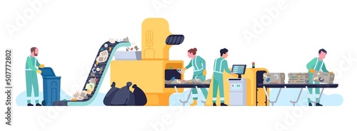 Garbage recycling conveyor. Workers of waste processing plant. Sorting and compress trash machine. Rubbish assembly line. People working in environmental manufacture. Vector concept