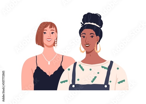 Young happy women couple portrait. Modern female friends smiling. Two beautiful girls of different race. Positive trendy pretty girlfriends. Flat vector illustration isolated on white background
