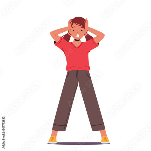 Shocked Little Yelling Holding Head with Hands, Girl Astonished Emotion. Isolated Discouraged Kid Character Feeling