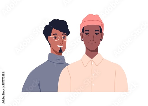 Young modern love couple of men, face portrait. Happy male friends smiling. Two homosexual guys. Positive friendly LGBT people together. Flat vector illustration isolated on white background