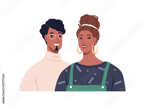 Happy young love couple of man and woman. Male and female friends, face portrait. Two romantic smiling people, husband and wife. Flat graphic vector illustration isolated on white background