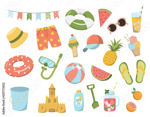 Summer kids beach collection. Cartoon recreation objects, beach clothes sunglasses ball slippers, and drinks. Vector summer vacation set. Isolated on white background.