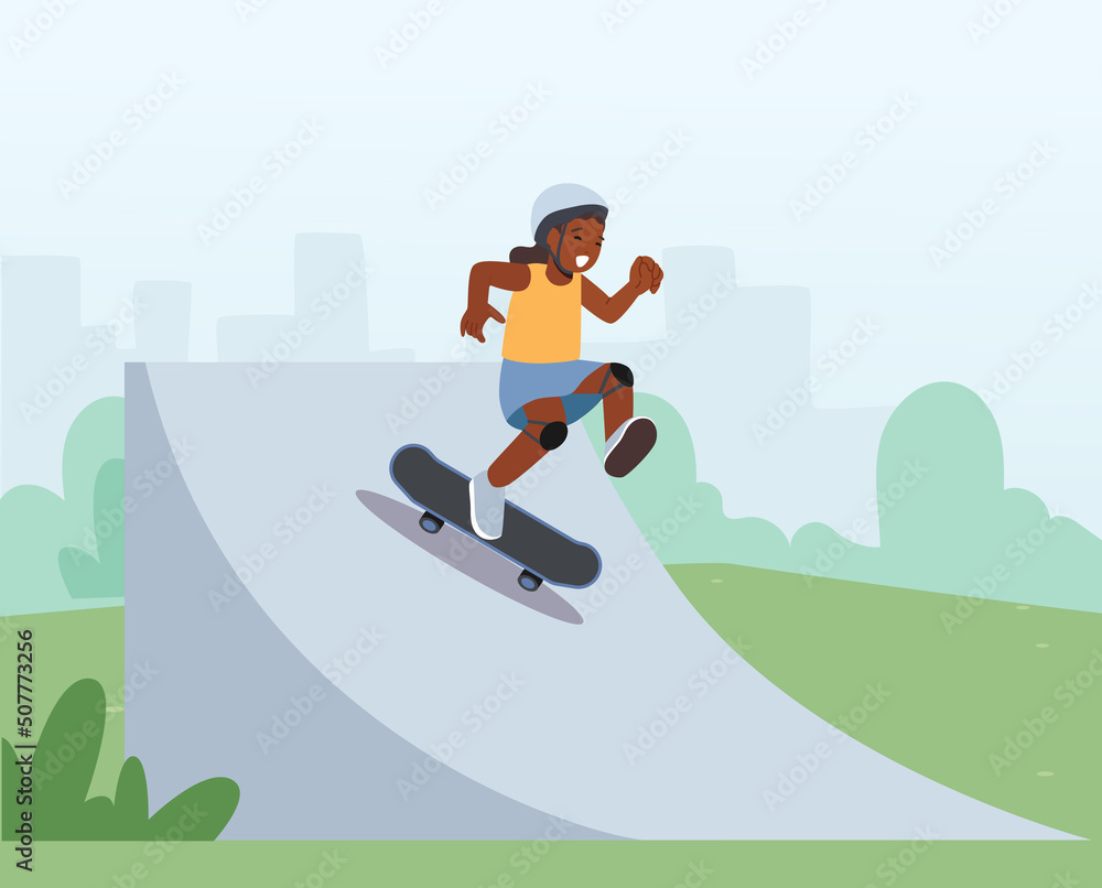 Little African Girl Rolling on Skateboard, Kid Character Perform Stunts in Rollerdrome. Stylish Skating Preteen. Skateboarding