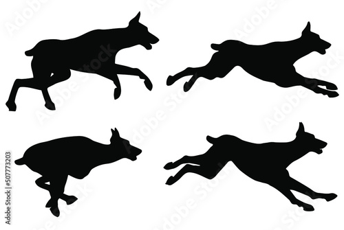Running Doberman pinscher dog silhouette vector set, isolated on white background, fast pet animal concept, fill with black color running dog scene, four pet icon, symbol idea, side view