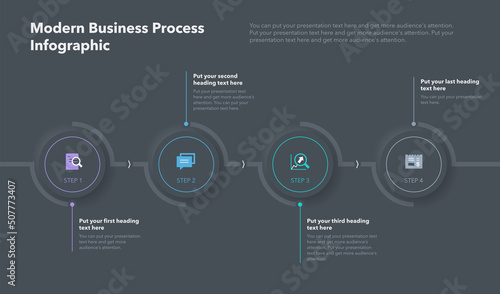Modern business process template with four colorful stages - dark version. Easy to use for your website or presentation.