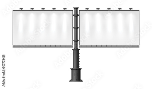 Realistic blank city billboard. Double signboard with spotlights. Promotional large board. Place for commercial announcement. Announcement banner. Vector urban illuminated signage mockup