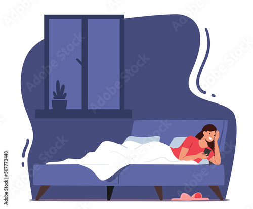 Young Woman Lying in Bed with Smartphone, Reading Messages, Chatting with Friend. Female Character with Mobile Phone