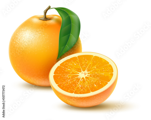 Realistic fruit. Whole and half orange. Fresh food. Juicy citrus. Vitamin meal. Tropical plant ingredient. Aromatic tangerine. Natural harvest. Exotic product. Vector organic nutrition