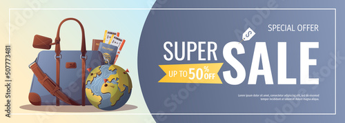 Set of banners for travel, tourism, adventure, journey. Suitcase, airplane and globe, camera, travel journal. Vector illustration, flyer, cover, banner template.