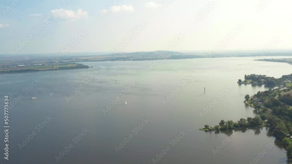 Panoramic drone shot of Věstonice reservoir in south Moravia, Czechia. Panoramic drone shot of Věstonice reservoir in south Moravia, Czechia.