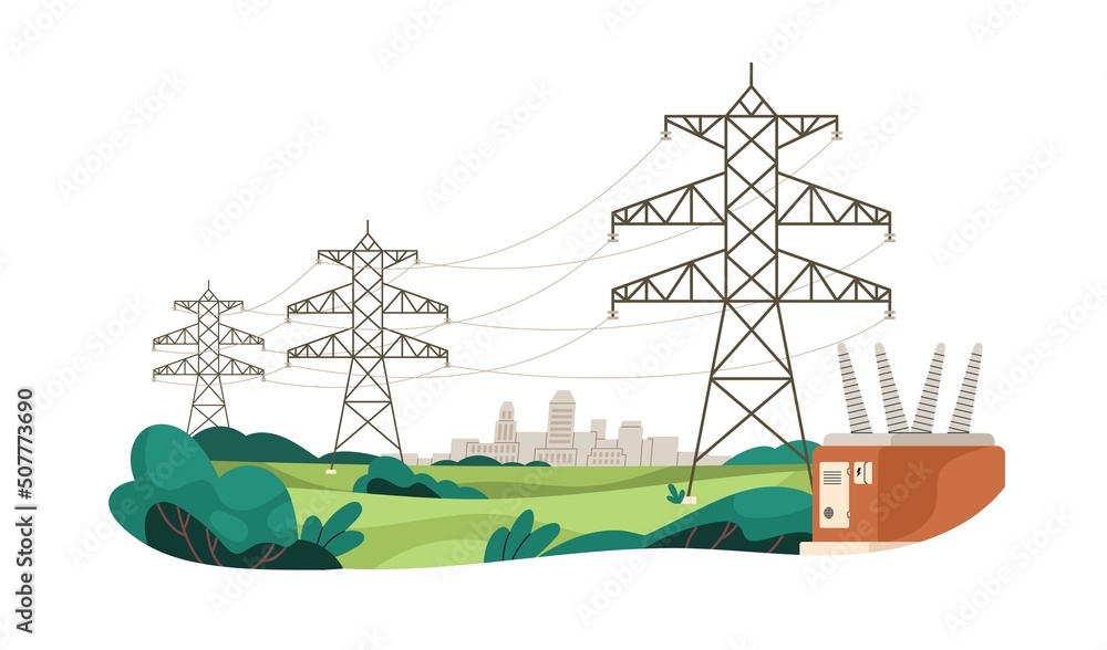 Electric power lines transmitting electricity to city. High voltage transmission cables, suspended wires, towers. Powerlines delivering energy. Flat vector illustration isolated on white background - obrazy, fototapety, plakaty 