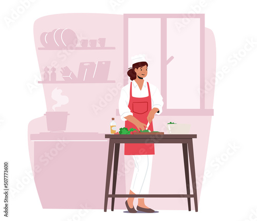 Young Adorable Woman Chopping Vegetables Cooking Salad. Happy Female Character Wear Chef Uniform Cook on Kitchen
