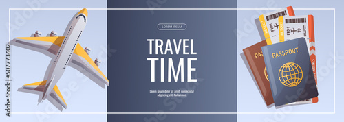 Banner for travel, tourism, adventure, journey, airport concept. Passport and tickets, airplane. Vector illustration. Banner, cover, flyer template.