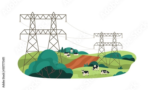 Farmland with electric power lines and cows grazing. Pasture, high voltage towers and cables tansmitting electricity to remote country. Flat graphic vector illustration isolated on white background