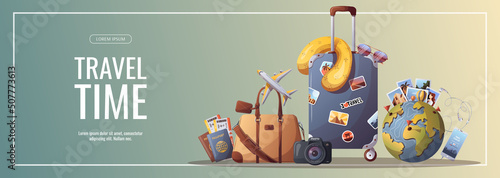 Banner for travel, tourism, adventure, journey. Suitcase, airplane and globe, camera, travel bag, passport and tickets. Vector illustration, flyer, cover, banner template.